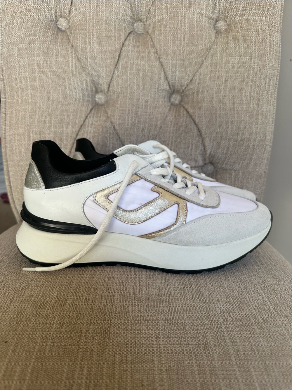 NeroGiardini Women’s White and Black Platform Sneakers with Metallic Accents